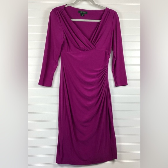 Lauren Ralph Lauren Berry Pull-on V-Neck Dress Wrap Midi Dress plum/ purple Sz 4 - Picture 1 of 8